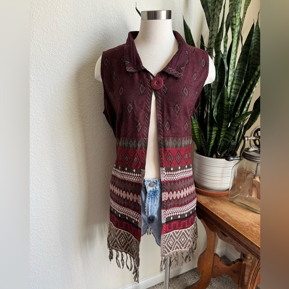 Boho Southwestern Sleeveless Cardigan Fringe Vest‎ John Mark Burgundy large - Picture 1 of 12